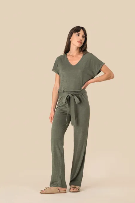 Combinaison en maille manches courtes en lin femme
